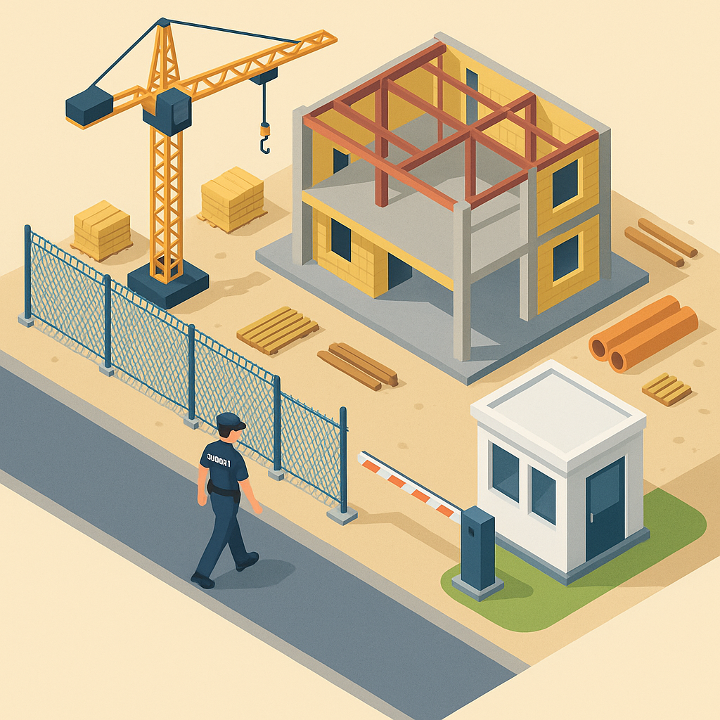 Isometrická ilustrácia staveniska so zamestnancami SH SECURITY a mobilným oplotením